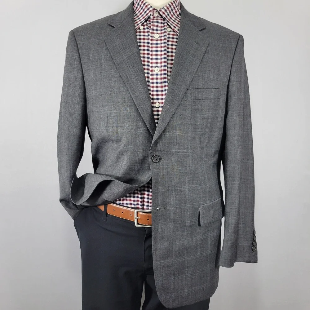 Pronto Uomo Men's‎ Sport Coat Blazer Two Button Gray Plaid SHK SKIN Wool 42R